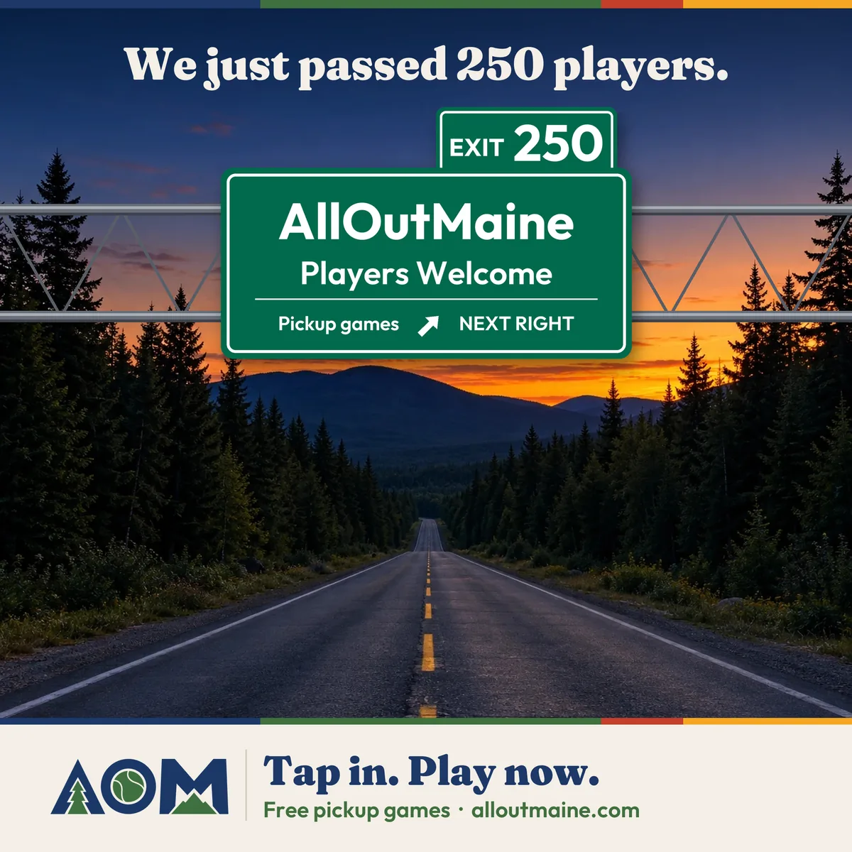 AllOutMaine social post celebrating 250 players with a highway exit sign graphic