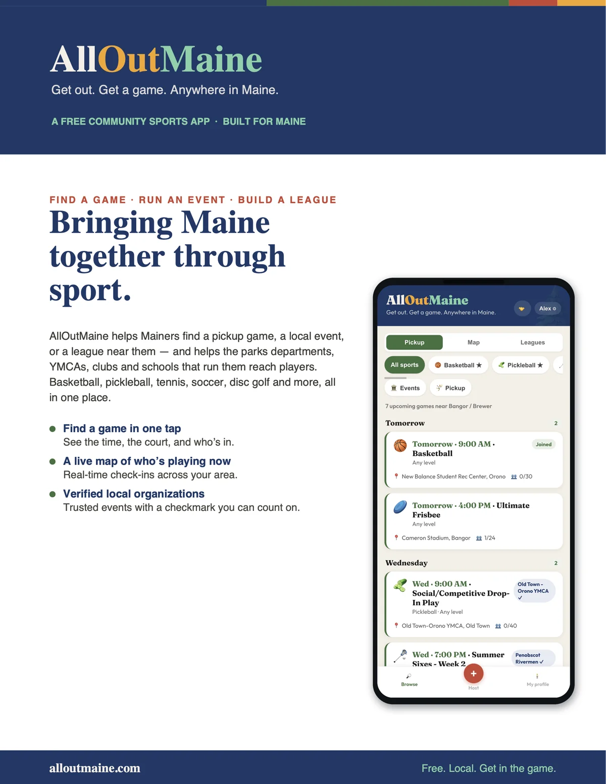 AllOutMaine one-page overview for players and organizations