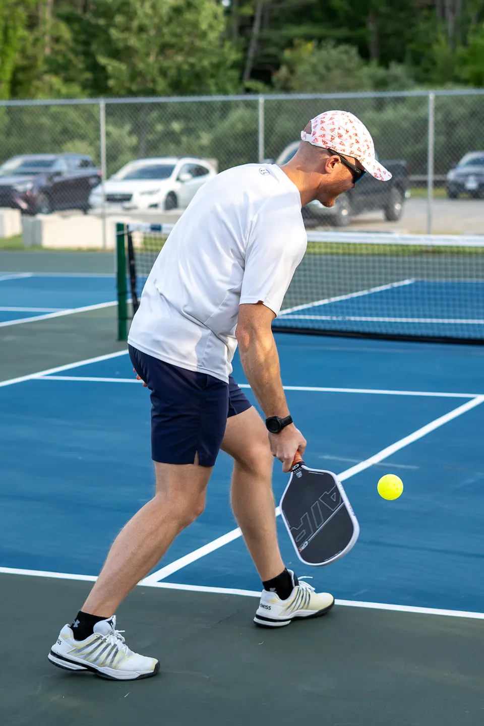 Pickleball player at the kitchen line, shot for AllOutMaine