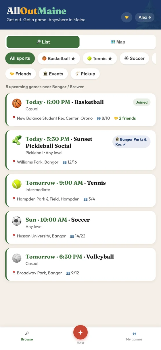 AllOutMaine app screen listing upcoming pickup games near Bangor