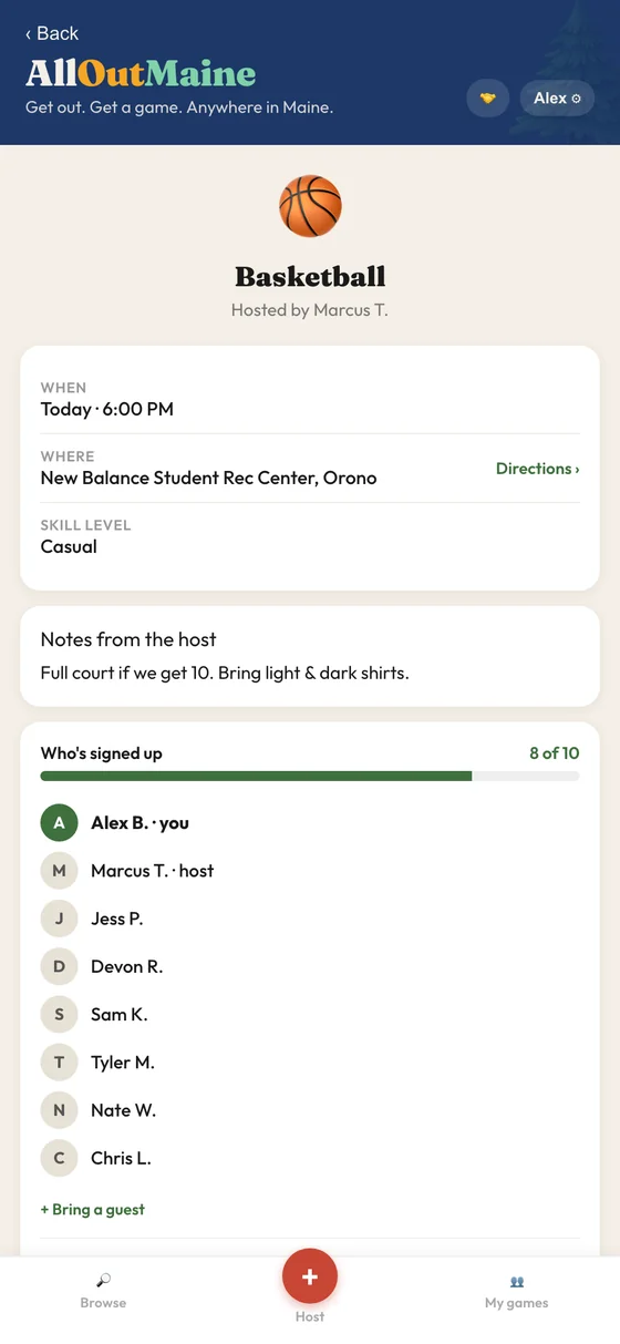 AllOutMaine game detail screen with time, court and players