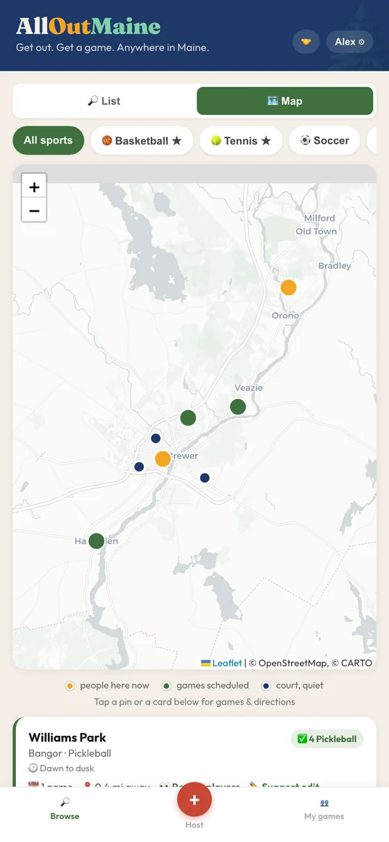 AllOutMaine live map of courts and check-ins around Bangor and Brewer
