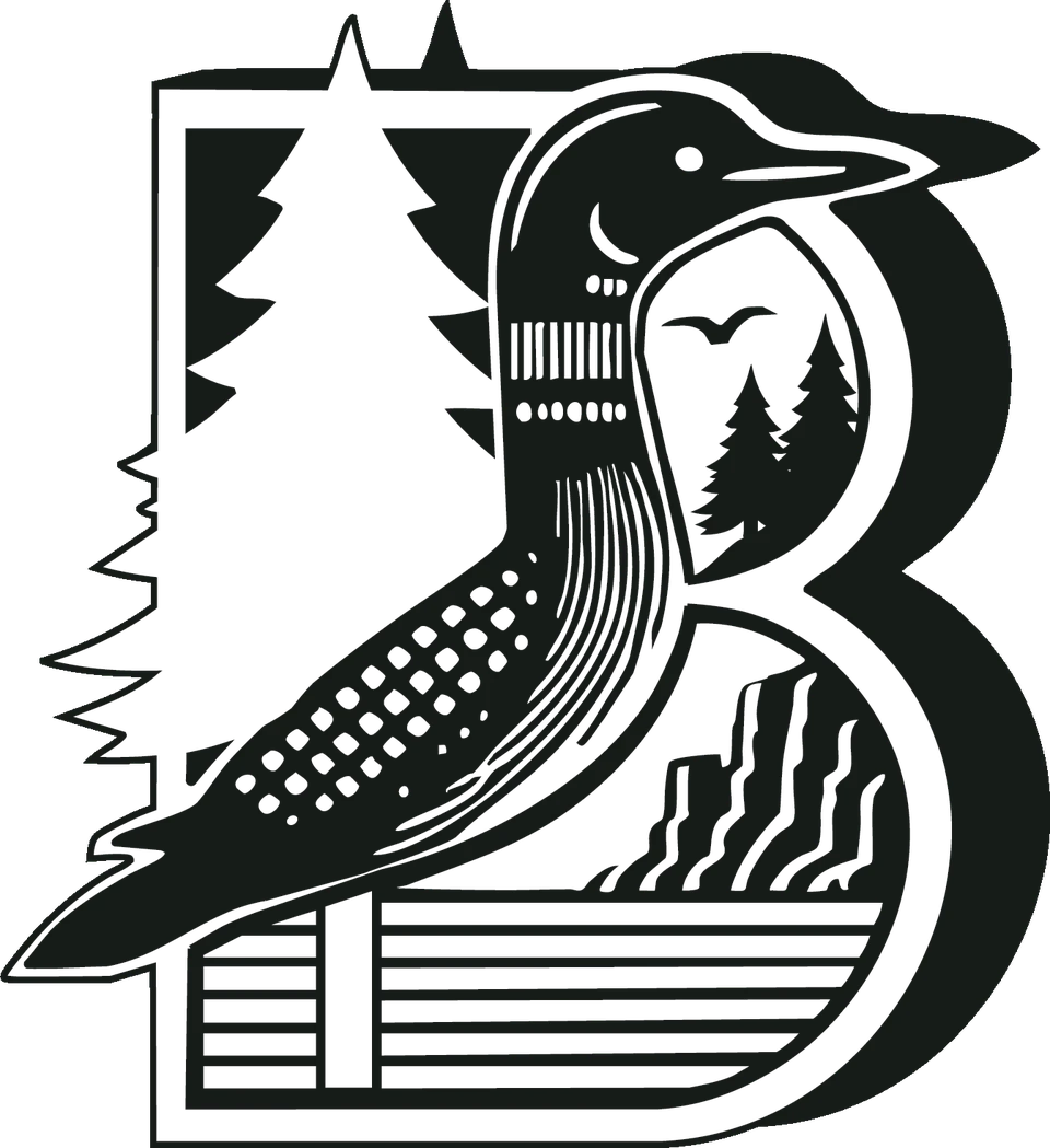 The Baughman Brandworks B: a common loon, pines, cliffs and a log cabin carved like a woodcut
