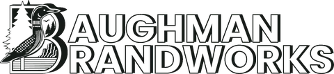 Baughman Brandworks logo: a loon, pines and cliffs inside a letter B
