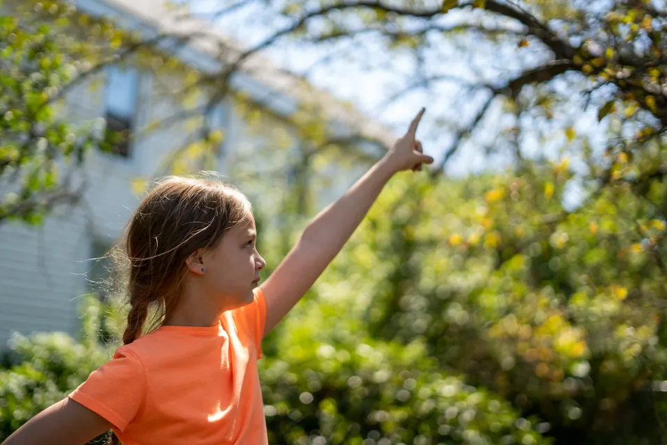 Girl in an orange shirt pointing up at something in the trees